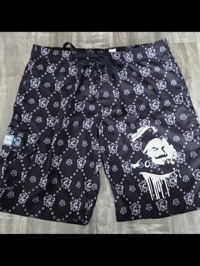 Men's Black Bandana-Print Swim Board Shorts with White Graphic